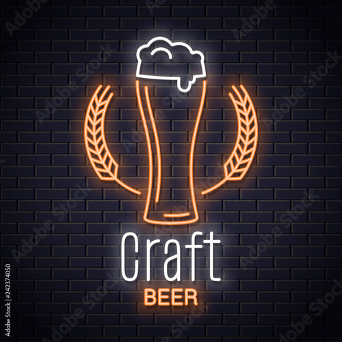 Beer glass with wheat neon logo. Craft brewery