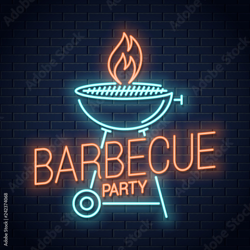 Barbecue grill neon logo. BBQ with flame neon