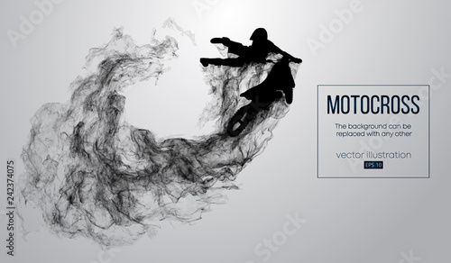 Abstract silhouette of a motocross rider on white background from particles, dust, smoke, steam. Motocross rider jumping and performs a trick. Background can be changed to any other. Vector