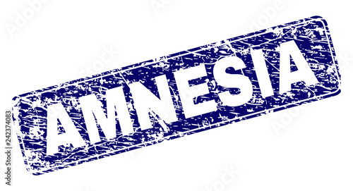 AMNESIA stamp seal print with distress texture. Seal shape is a rounded rectangle with frame. Blue vector rubber print of AMNESIA title with dust texture.