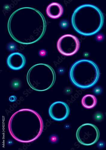 Raster illustration. Black background and neon rings.