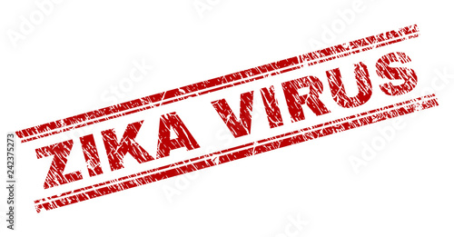 ZIKA VIRUS seal imprint with corroded style. Red vector rubber print of ZIKA VIRUS text with corroded texture. Text caption is placed between double parallel lines.