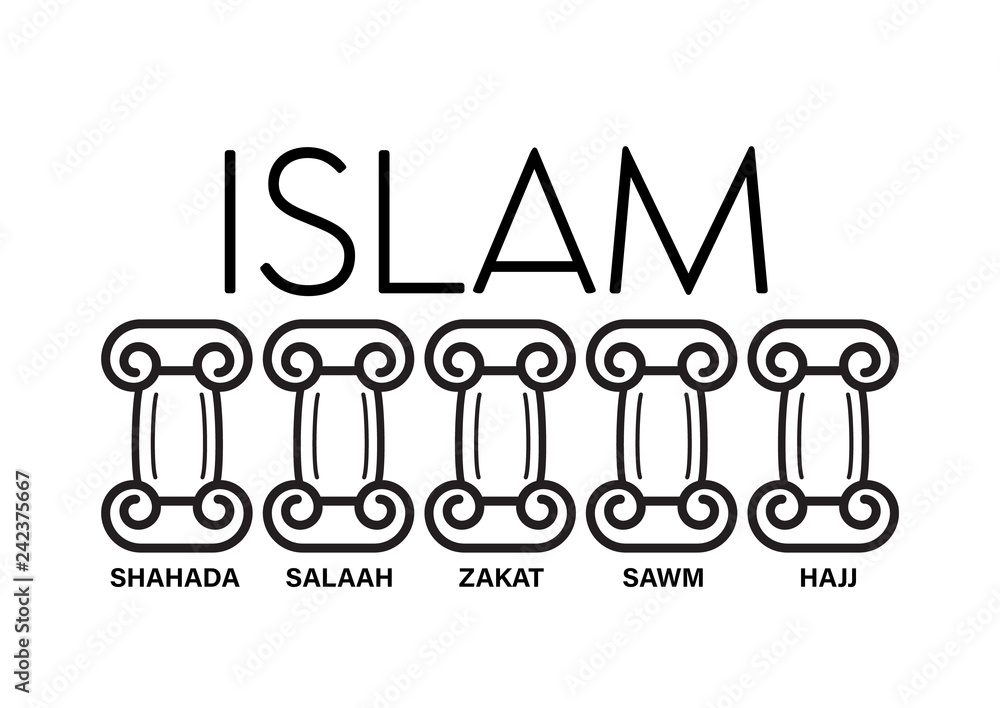 5 pillars of Islam. Kids educational illustration vector under pillar words hajj, faith, prayer, pilgrimage, fasting 