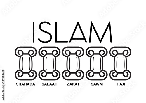 5 pillars of Islam. Kids educational illustration vector under pillar words hajj, faith, prayer, pilgrimage, fasting 