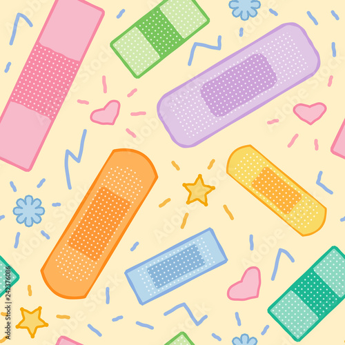 Seamless pattern with colorful medical plasters, nice band aid ornament, funny wallpaper, vector background