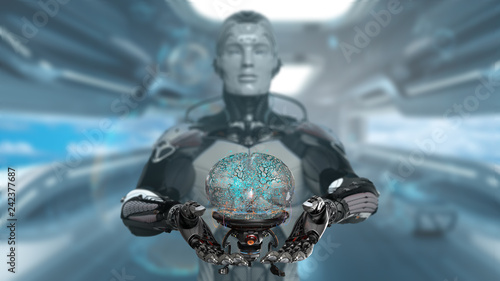 Robot man presenting cyber brain, AI concept in augment reality, 3d render