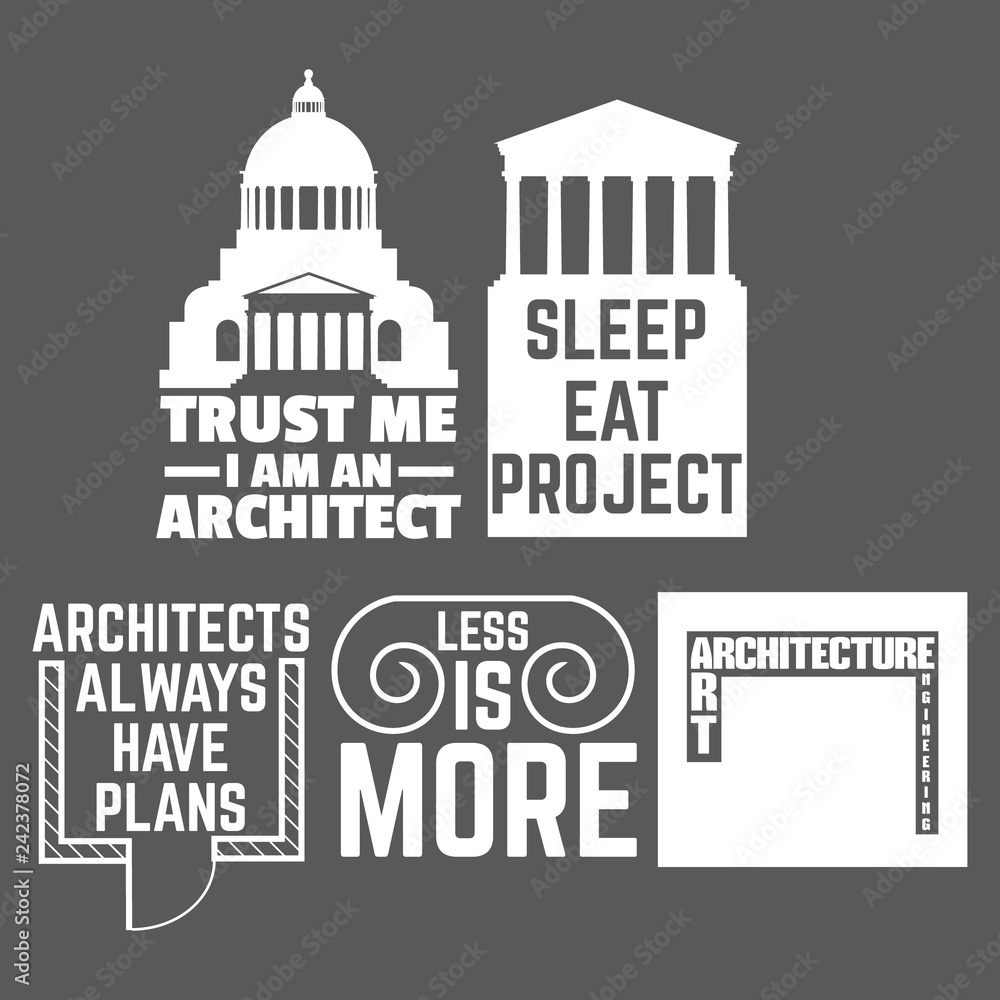 Collection of quote minimalistic typographical backgrounds about architecture. Set for architects. Template for card banner poster print for t-shirt.