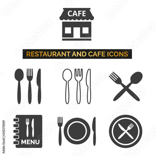 Restaurant and cafe icons set on white background.