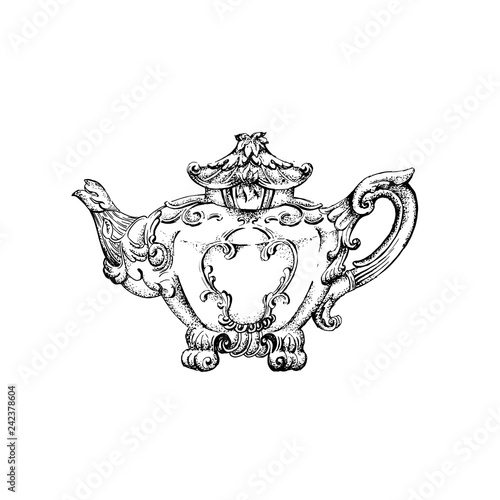 Vector illustration of vintage teapot with floral decor made in hand drawn sketch style. Template for business card poster banner and print