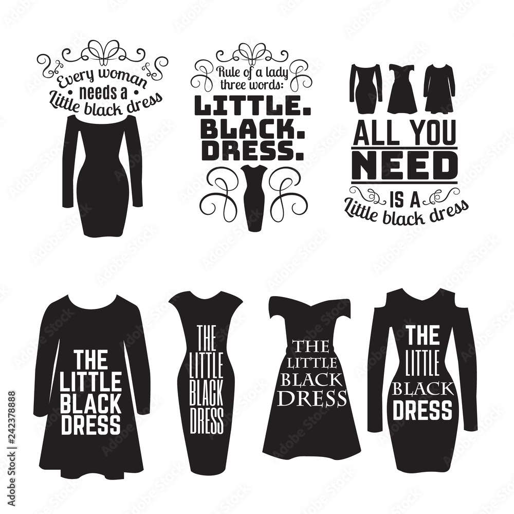 Vector set of quote typographical background about a little black dress  with silhouette of woman short dress. Template for card poster banner and  print for t-shirt Stock Vector | Adobe Stock