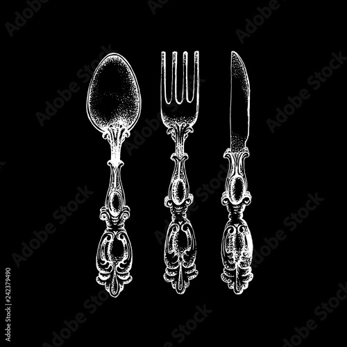 Vector illustration of vintage spoon fork and knife made in hand drawn sketch style. Template for business card poster banner and flyer.