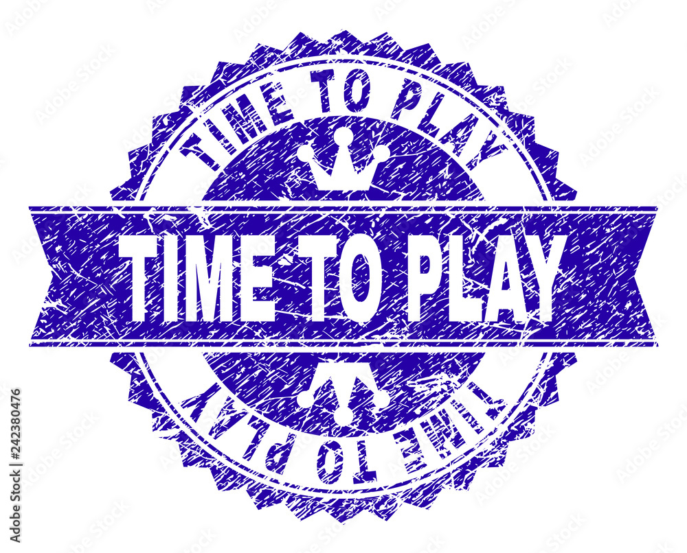 TIME TO PLAY rosette stamp watermark with distress texture. Designed with round rosette, ribbon and small crowns. Blue vector rubber watermark of TIME TO PLAY label with scratched texture.