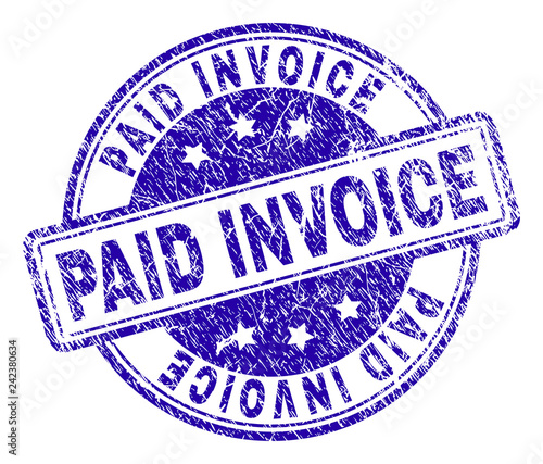 PAID INVOICE stamp seal watermark with grunge texture. Designed with rounded rectangles and circles. Blue vector rubber print of PAID INVOICE caption with unclean texture.