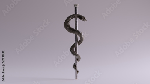 Silver Medical Serpent Symbol Rod of Asclepius  3d illustrations photo