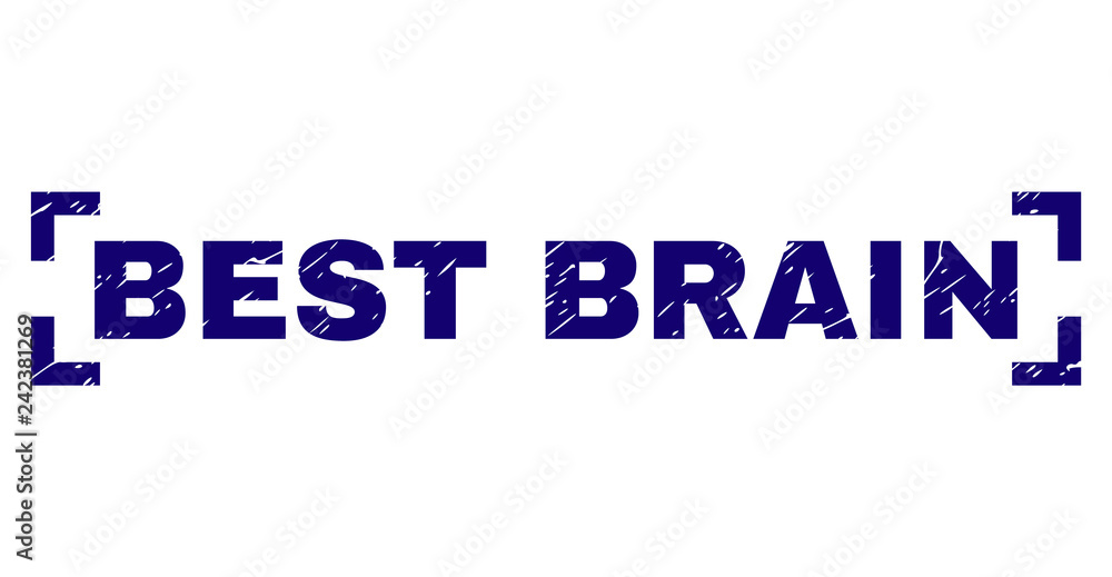 BEST BRAIN tag seal imprint with corroded texture. Text tag is placed between corners. Blue vector rubber print of BEST BRAIN with grunge texture.