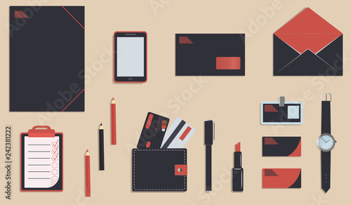 Business stationery in corporate identity trendy colors. A planner or to do list and folder. Pencils and pen. A wallet. Wrist watch. Credit cards. Mobile phone. Vector illustration. Branding design