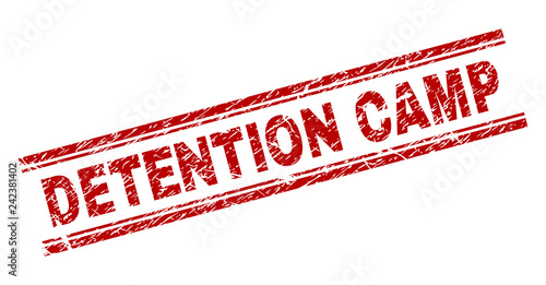 DETENTION CAMP seal print with grunge texture. Red vector rubber print of DETENTION CAMP caption with grunge texture. Text caption is placed between double parallel lines.
