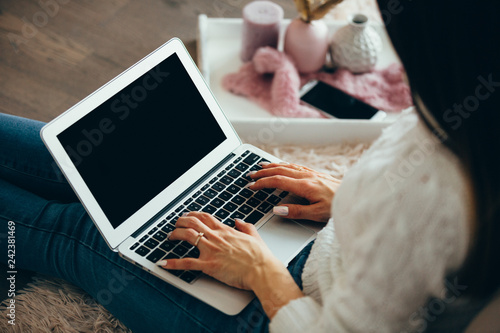 Overhead view of woman with laptop