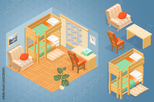 Fragment of interior with  isometric furniture set. Vector.