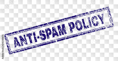 ANTI-SPAM POLICY stamp seal print with corroded style and double framed rectangle shape. Stamp is placed on a transparent background.