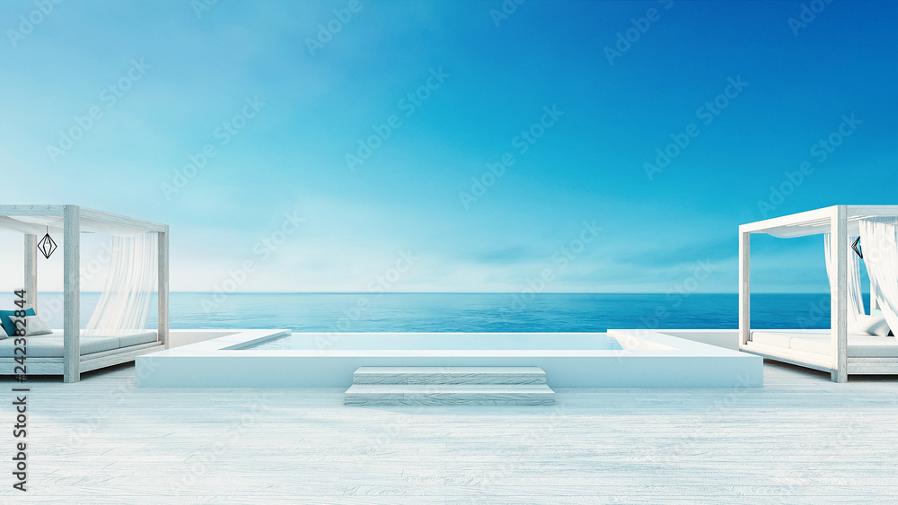 Beach lounge - ocean villa seaside & sea view for vacation and summer / 3d render outdoor - Illustration Beach lounge - ocean villa seaside & sea view for vacation and summer / 3d render outdoor - Illustration