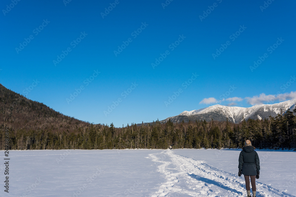 a woman looking at the White Mountains