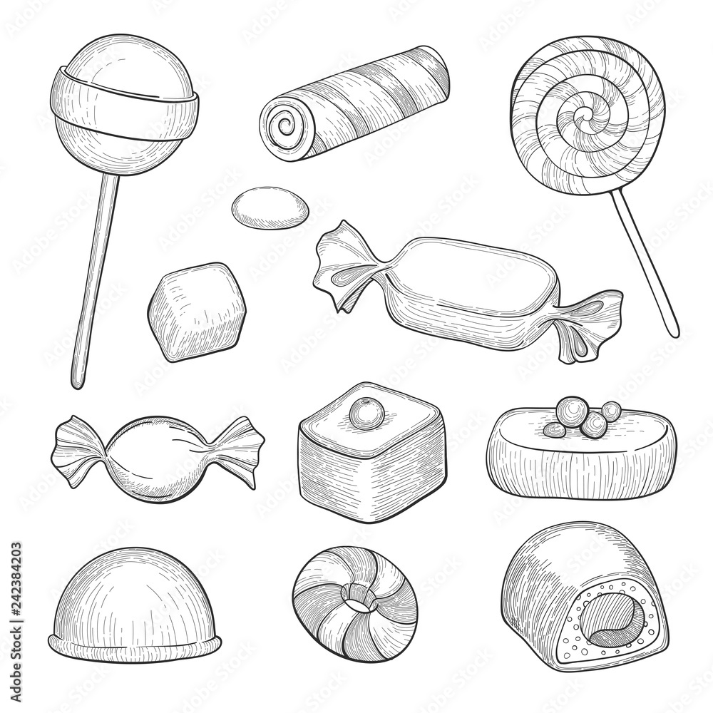 Candy Sketch Cartoon. Sweet Sugar, Chocolate Dessert, Jelly Lolly Candy  Sketch Vector Illustration Royalty Free SVG, Cliparts, Vectors, and Stock  Illustration. Image 190897052.