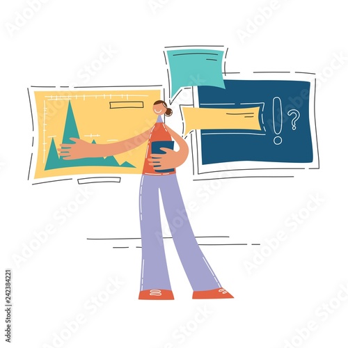 freelancer woman in work, at home, book student ,online shop store marketing, flat illustration, computer table, read book ,science work girl manager