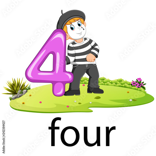 pantomime boy with the 4 balloon number and text with different posing