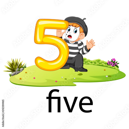 little pantomime boy holding the 0 balloon number and text on the grass