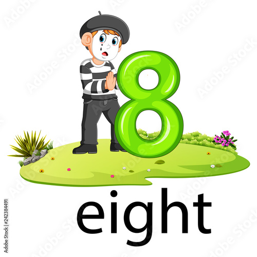 little pantomime boy act with the 8 balloon number and text with different posing