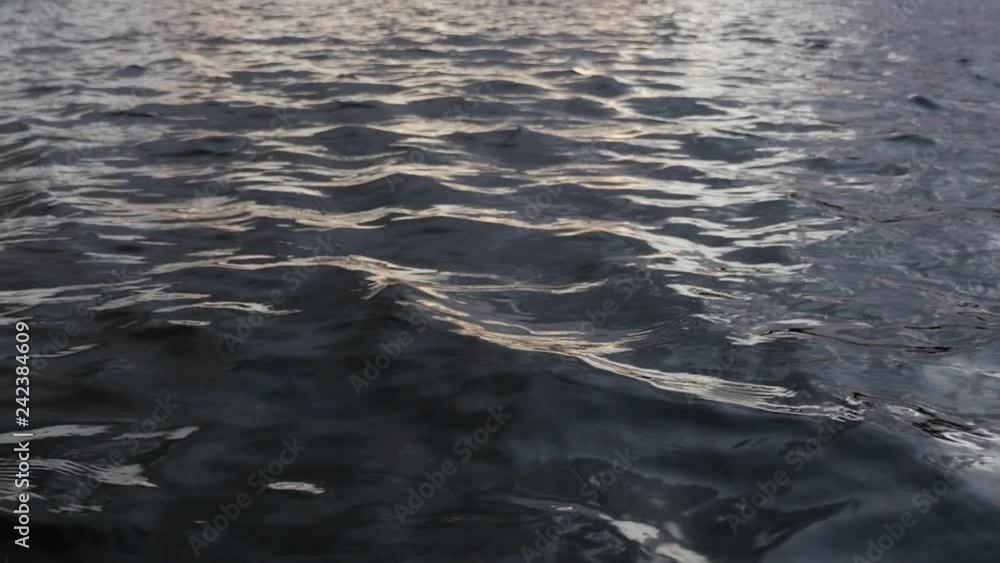 Close up of waving dark water surface of lake, low angle shot. Slow motion.