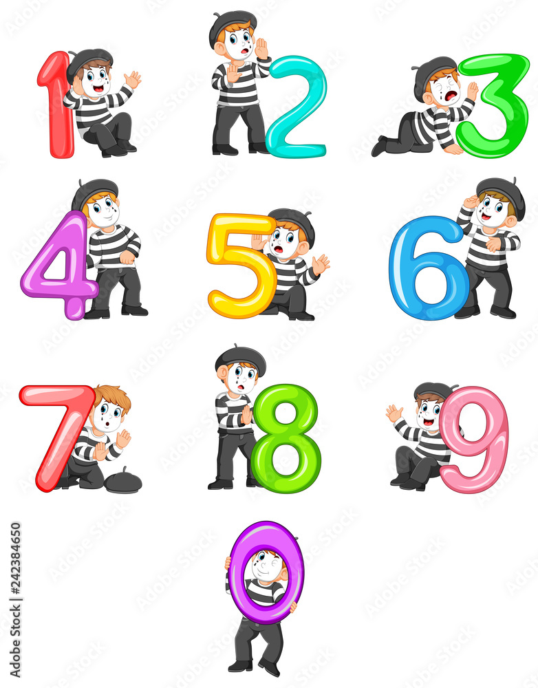 the collection of the little pantomime boy with the 0 - 9 balloon number with the different posing the collection of the little pantomime boy with the 0 - 9 balloon number with the different posing