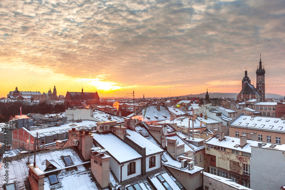 Sunset over snowy Krakow