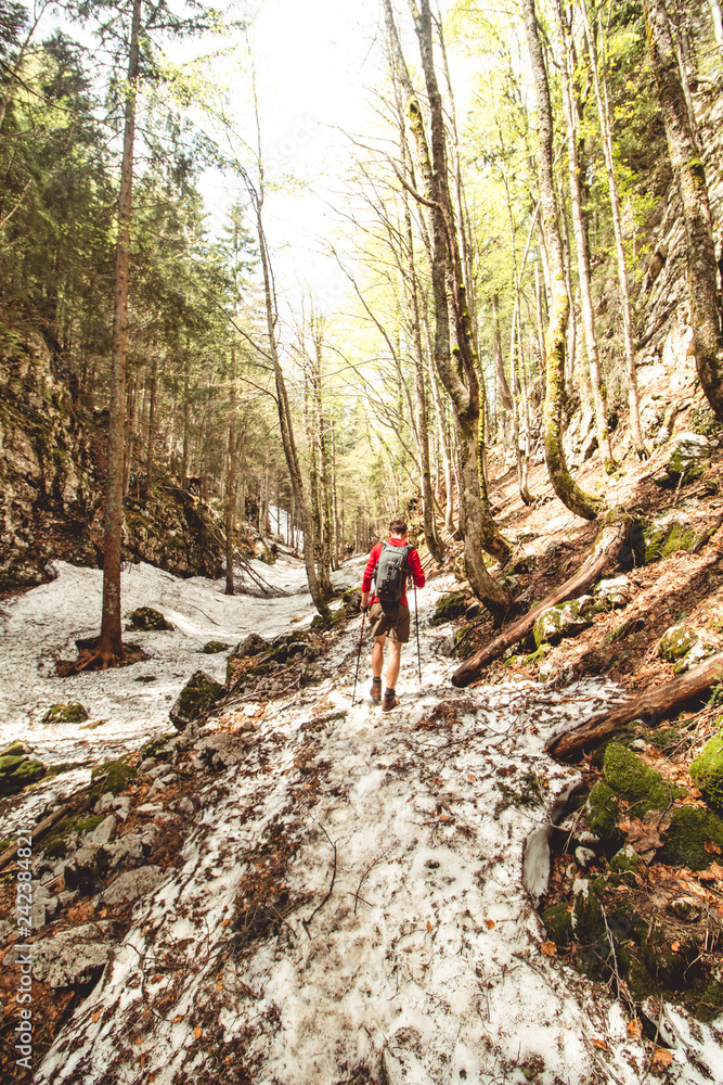 Mountaineer hiking the Alps of Slovenia