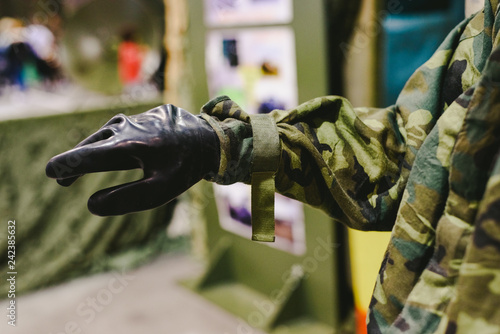 Valencia, Spain - January 4, 2019: latex protective gloves of a fighting suit in the bacteriological war.