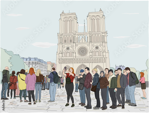 Hand drawn illustration. Tourists in Paris enjoy the day, waiting in line in front of the famous Notre Dame Cathedral.