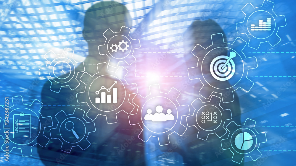 Business process automation concept. Gears and icons on abstract background Business process automation concept. Gears and icons on abstract background
