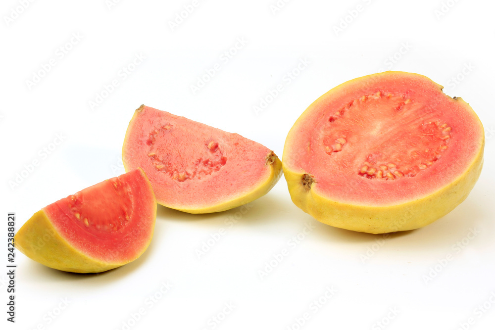 close-up guava fruit, pink, fresh, organic, with leaves, whole and sliced, isolated on white background close-up guava fruit, pink, fresh, organic, with leaves, whole and sliced, isolated on white background