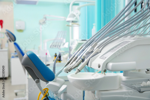 Set of professional instruments in dentist's office