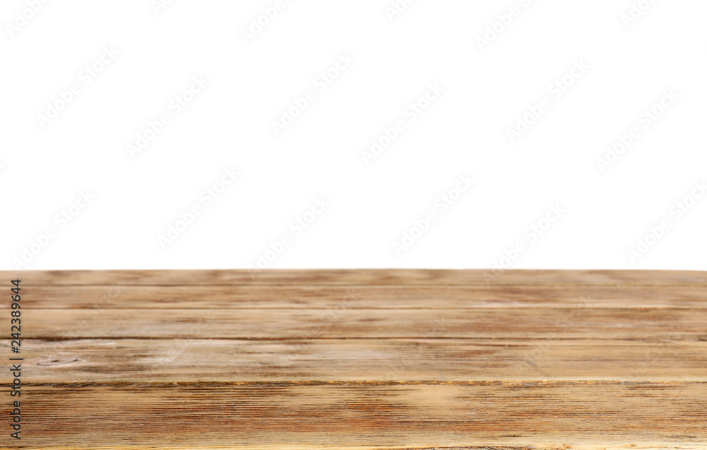Empty wooden table on white background. Mockup for design Empty wooden table on white background. Mockup for design