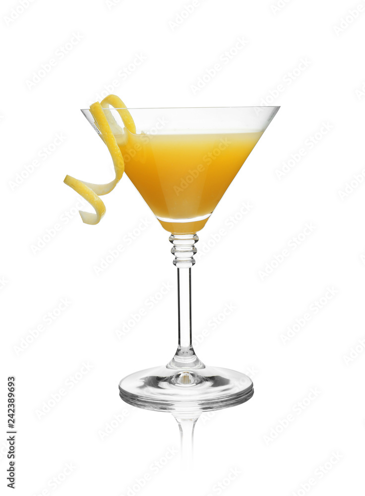 Glass of martini cocktail with lemon zest on white background Glass of martini cocktail with lemon zest on white background