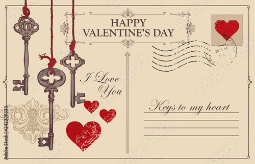 Retro valentine card in form of postcard with keys, keyhole and red hearts. Romantic vector card in vintage style with place for text and with calligraphic inscriptions I love you and Keys to my heart