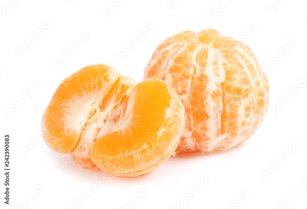 Peeled ripe tangerines on white background. Citrus fruit Peeled ripe tangerines on white background. Citrus fruit