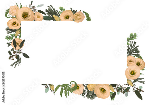 Vector card floral design with eucalyptus, branches boxwood, buxus, brunia, botanical green and flowers eustoma cream. Decorative horizontal frame, square. Cute greeting, postcard template