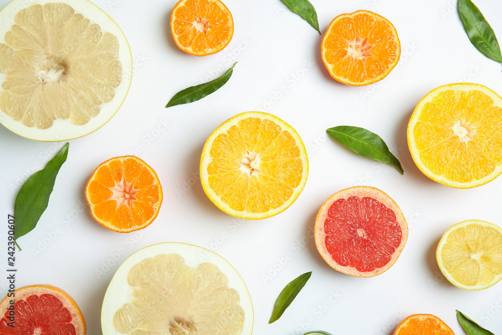 Different citrus fruits on white background, flat lay Different citrus fruits on white background, flat lay