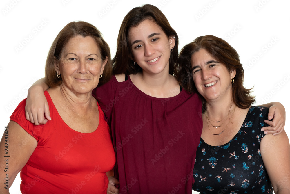 Three generations of latin women smiling and hugging - On a white background Three generations of latin women smiling and hugging - On a white background
