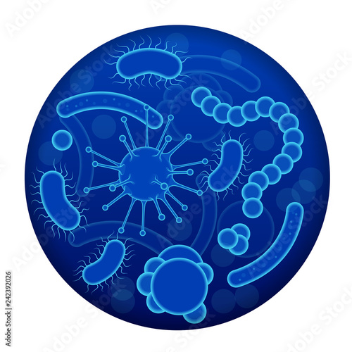 Cell, microscopic macro cell, bacteria, virus. Set of micro-organisms disease-causing objects, different types, bacteria, viruses, fungi, protozoa.
