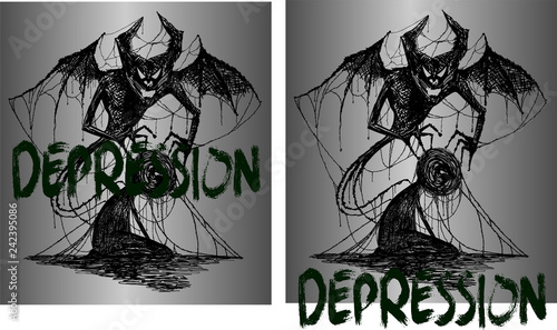 drawing for tattoo or t-shirts demon and a man entangled in depression