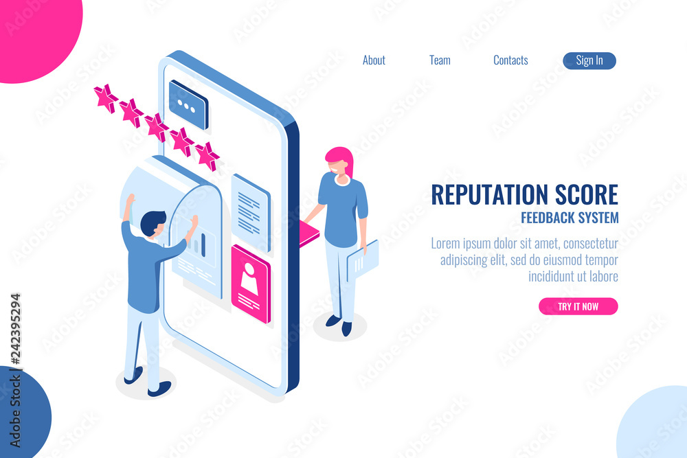 Reputation score isometric concept, opinion with star on mobile phone app, feedback, ux ui desing, application development, color isometric flat vector